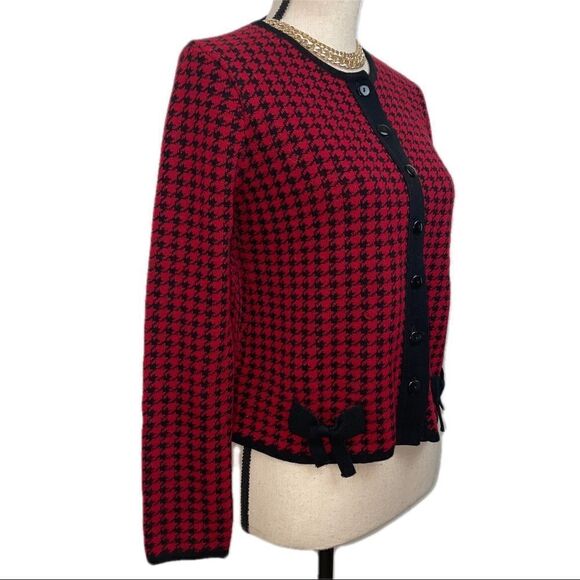 VINTAGE Dorby Woolen Houndstooth Black and Red Cardigan Sweater LIKE NEW! - Picture 2 of 6